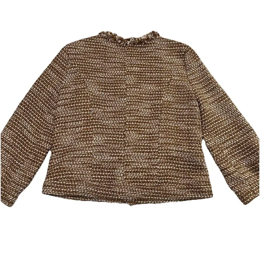 Cabi Phoebe Jacket Size M Brown White Metallic Tweed Fringe Blazer Style 343